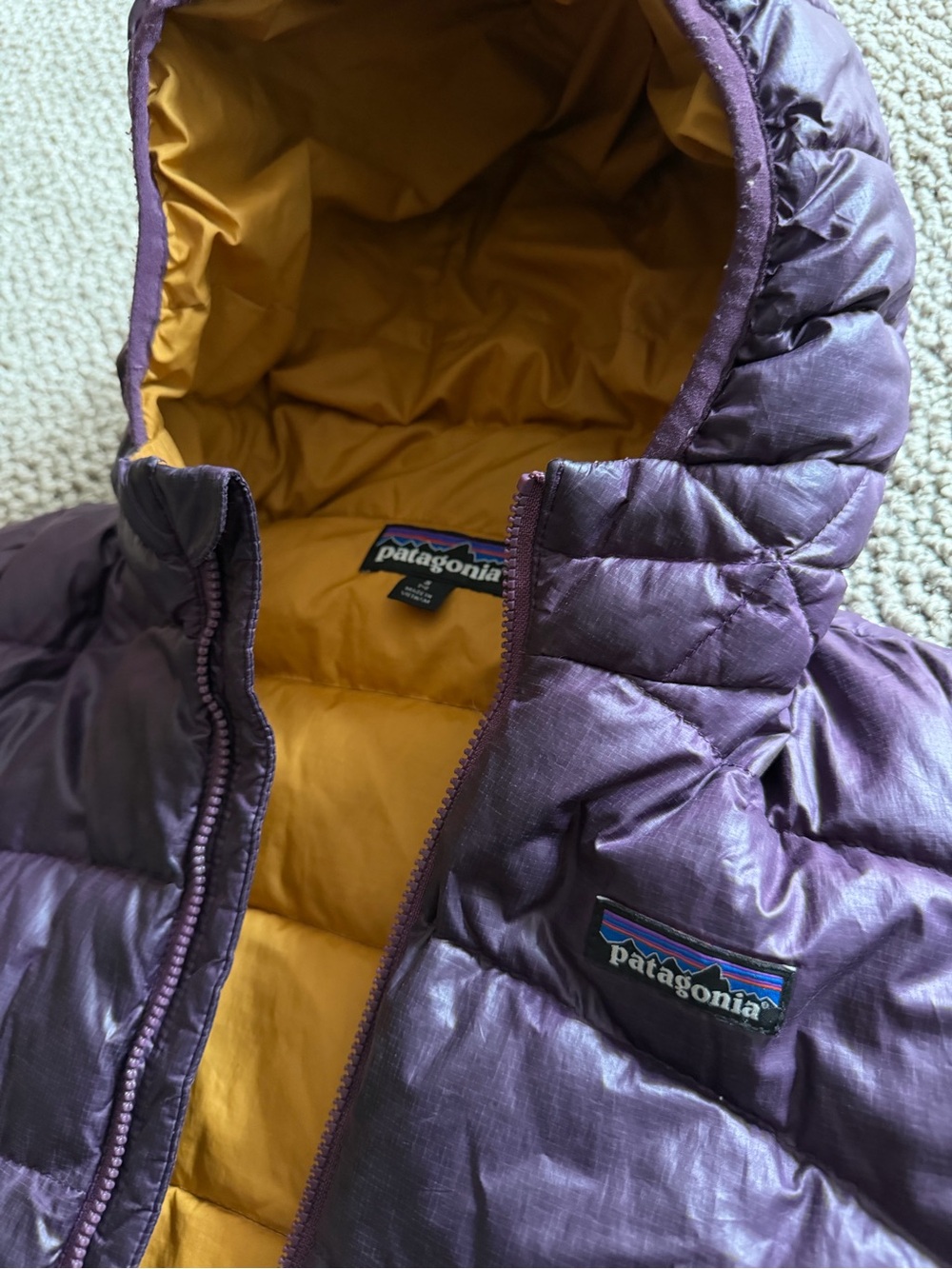 Patagonia Kids Hooded Puffer Jacket - Purple with Mustard Lining